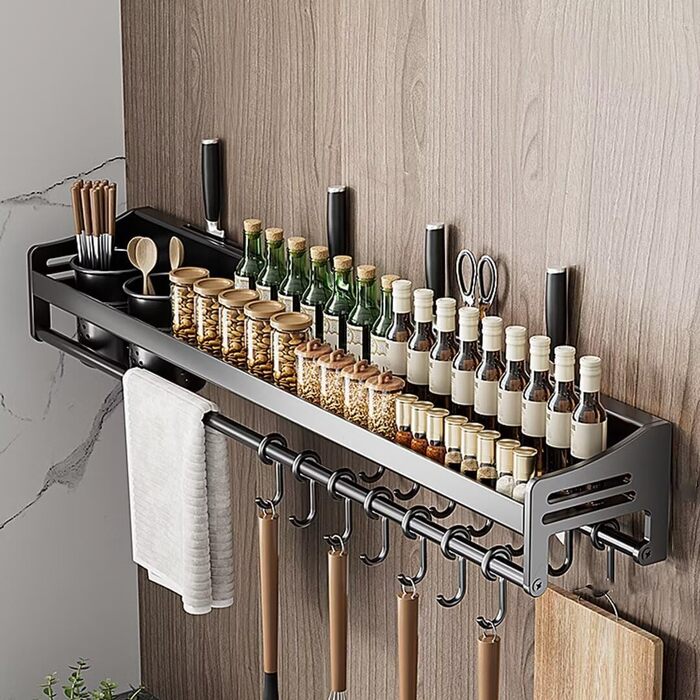 Настінна полиця для спецій, кухонна полиця без свердління, сіра, 50х13.4х12 см, з гачками та підставками для кухонного приладдя