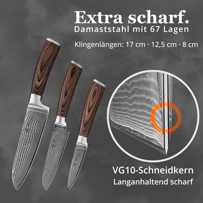 Набір кухонних ножів Wakoli EDIB Damast VG10 (3 шт.) в дерев'яній подарунковій коробці - гострі, ергономічні, з ручками Pakkawood