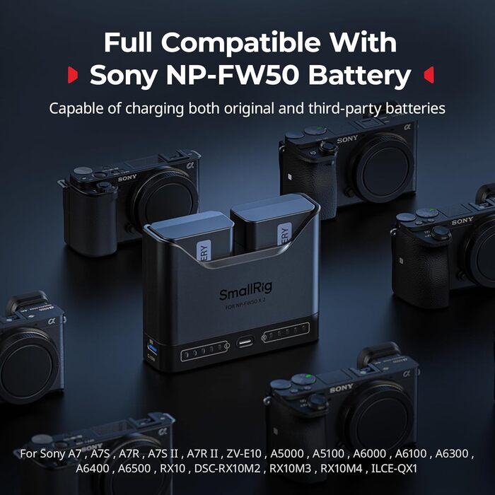 Зарядний пристрій SMALLRIG NP-FW50 для Sony (2 слоти, USB-C, 11W) - A6000, A6100, A6300, A6400, ZV-E10, A7, A7S, A7R