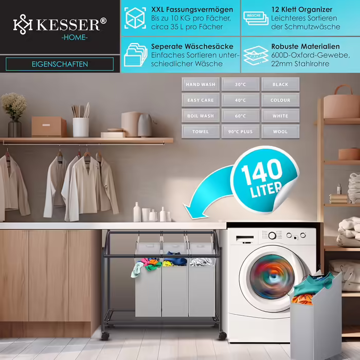 Кошик для білизни KESSER з 4 знімними тканинними мішками, 4 секції по 35 л, на колесах з гальмом, сортувальник білизни, сірий