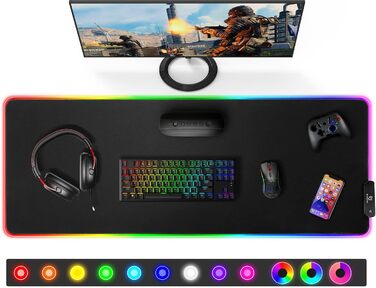 Килимок для миші гімнастичний Gimars RGB, XXL 800x300x5 мм, вологостійкий, з підсвічуванням 12 LED, чорний