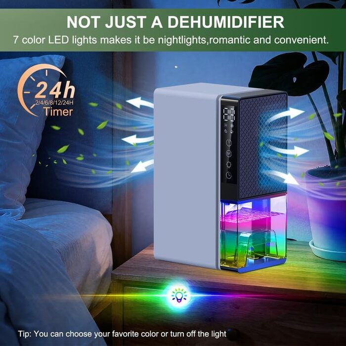Електричний осушувач повітря 2800 мл з нічним режимом та 7-кольоровим нічним світлом, тихий осушувач для дому, з таймером для ванної кімнати та спальні