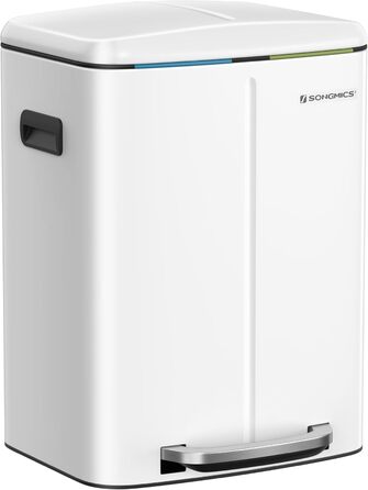 SONGMICS Відро для сміття 40 л з 2 відсіками (2 x 20 л), з педаллю, з металу, з пластиковим внутрішнім відром, з кришкою та ручками, Softclose, герметичне, біле LTB40WT