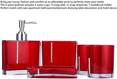 5-Piece Bathroom Accessories Set includes emulsion bottle, toothbrush holder, 2 rinsing cups, soap dish, plastic gift bath set, white (Red)