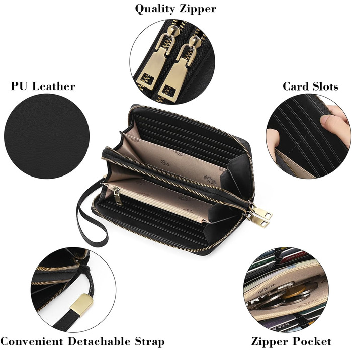 GAEKEAO Wallet for Women Large, Vegan Leather Double Zipper Women's Wallet, RFID Protection Clutch Wallet for Women Large, with Many Card Slots, Purse for Women