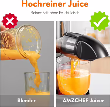 AMZCHEF Соковижималка для овочів і фруктів, електрична шнекова, зворотний хід, без фільтра, з щіткою і 2 чашами, помаранчева