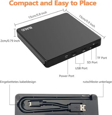 Зовнішній CD/DVD привід BU USB 3.0 & Type-C, DVD+/-RW Brenner з картридером SD/TF та USB-портами для ноутбука, ПК, MacBook, Windows 11/10, macOS, чорний