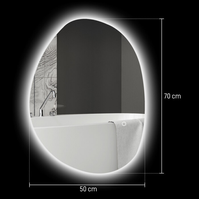 Дзеркало для ванної кімнати HOMCOM 70 x 50 см з асиметричною формою, LED-підсвіткою, сенсорним перемикачем та функцією запобігання запотіванню, срібного кольору
