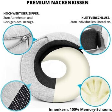 AIRTH® Подушка для шиї з піною Memory Foam 360° з кріпленням на липучці - Ергономічна підтримка шиї з знімним чохлом для максимального комфорту та відпочинку (Світло-сіра)