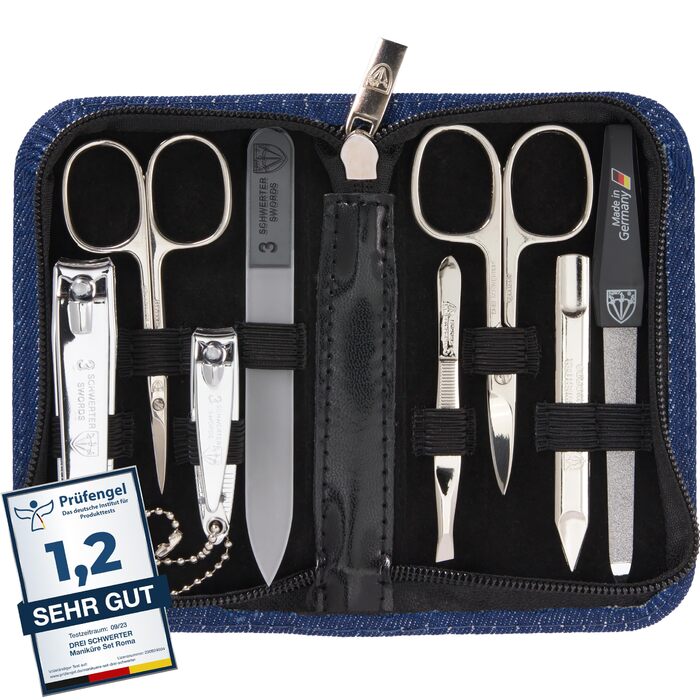 Набір для манікюру DREI SCHWERTER 'Roma' з 8 інструментами: ножиці для нігтів, ножиці для кутикули, кусачки для нігтів, інструмент для очищення нігтів, пінцет, скляний наперсток для нігтів, алмазний наперсток для нігтів - колір джинс/блакитний