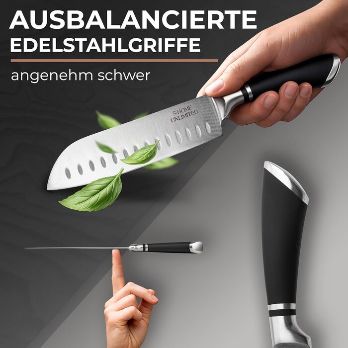Набір кухонних ножів Messerblock чорний, 6 предметів + точилка V-подібна | Ножі з нержавіючої сталі з дерев'яним блоком та ергономічними ручками
