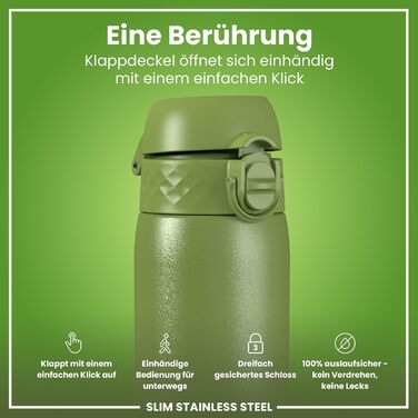 Ion8 Stainless Steel Drinking Bottle, 600 ml, Leak-Proof, One-Hand Operation, Secure Locking Mechanism, Dishwasher Safe, Flip-Top Lid, Carrying Handle, Easy to Clean, Durable & Scratch-Resistant (Stainless Steel, Khaki Green)