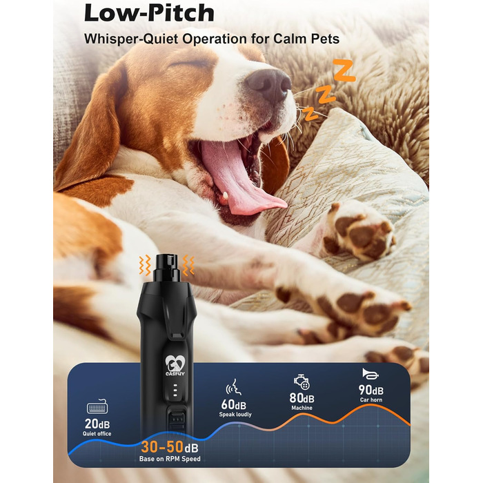 Електричний точило для собачих кігтів Casfuy - 6 ступенів, тихе, з LED-підсвіткою та збирачем пилу, 4.8V, для великих собак (чорний)