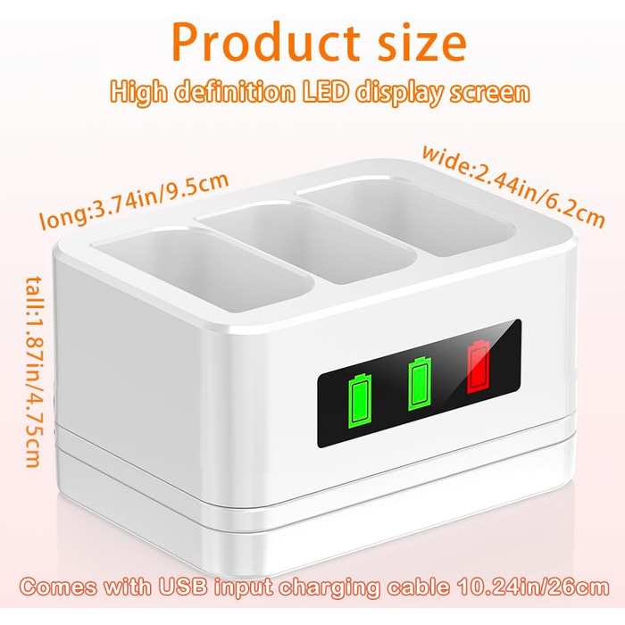 Зарядний пристрій для акумуляторів Ring (3 шт., 3.65V, 6040mAh) з LED-дисплеєм та Type-C кабелем, сумісний з Ring 2/3/4/Plus/Spotlight/Stick Up Cam