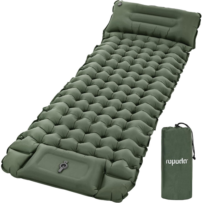 ROPODA Self-Inflating Camping Mat with Pillow & Foot Pump - Ultralight Waterproof Sleeping Pad for Outdoor, Camping, Hiking (Green & Gray)
