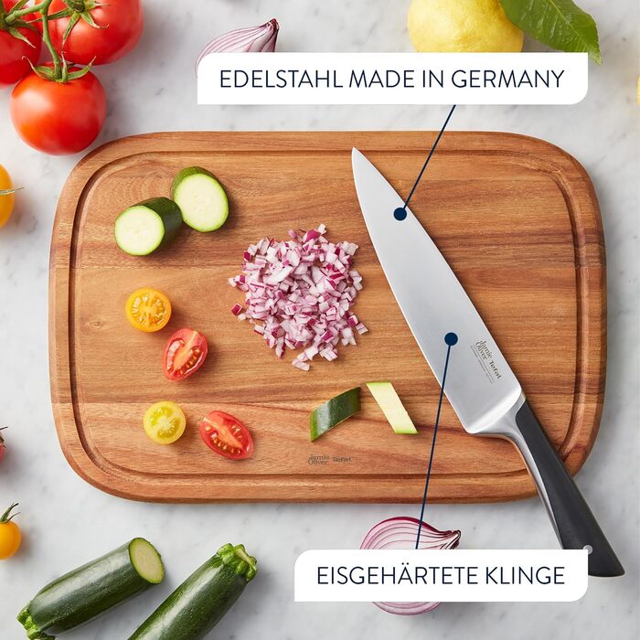 Набір ножів кухонних Jamie Oliver by Tefal (5 предметів) + блок: шеф-ніж, сантоку, для хліба, універсальний, овочечистка. Німецька сталь, акація, коричневий K267S556