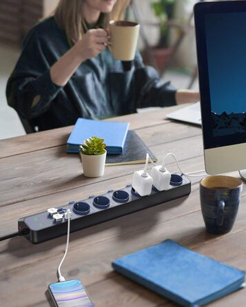 BESTEK Розподільник розеток 6-фазний з USB, захист від перенапруги 900 Дж, настінний, з вимикачем, синьо-білий, кабель 3 м