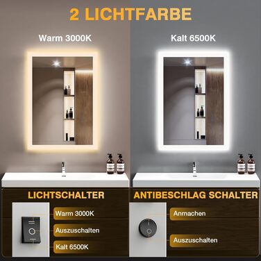 Дзеркало для ванної кімнати з підсвічуванням 50x70 см, LED, антизапар, 2 кольори світла (3000K/6500K), прямокутне, без рами