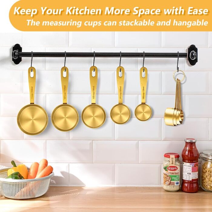Набір мірних стаканів та ложок Cuteefun Gold, 13 предметів, нержавіюча сталь: мірний стакан 5 чашок, 8 магнітних ложок з рівнем для вимірювання сухих та рідких інгредієнтів для випічки та приготування їжі