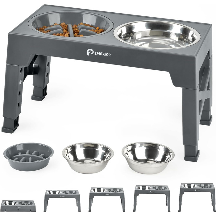 Elevated Dog Bowls Set - Stainless Steel & No-Drip Design - Adjustable Height, 2x 1.2L & 0.8L - Grey