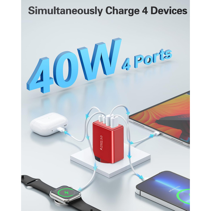 Мережевий адаптер USB C 40W з 4 портами, швидка зарядка, універсальний зарядний пристрій для iPhone, iPad, Samsung та інших телефонів (білий/червоний)