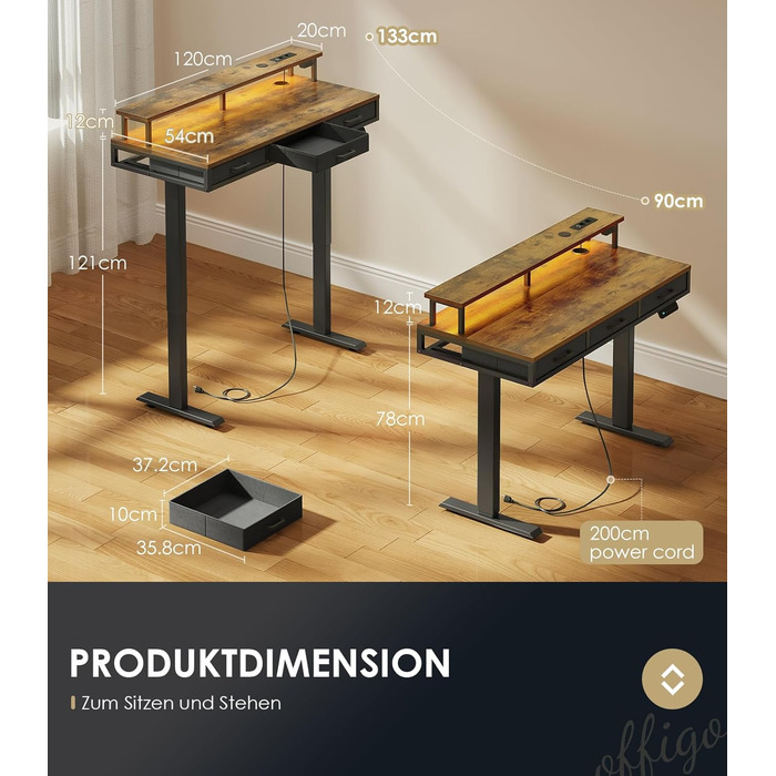 OffiGo Electric Standing Desk with Drawers, 120cm Adjustable Height Desk with Monitor Stand, Gaming Desk with Power Outlets & LED Light Bar, Brown Office Desk - 120 x 54cm