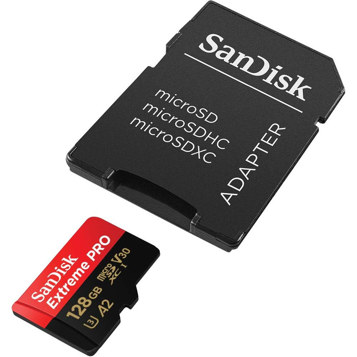 Карта пам'яті SanDisk Extreme PRO microSDXC UHS-I 128 GB з адаптером та RescuePRO Deluxe (A2, Class 10, V30, U3, до 200 МБ/с) для смартфонів, екшн-камер та дронів, чорна