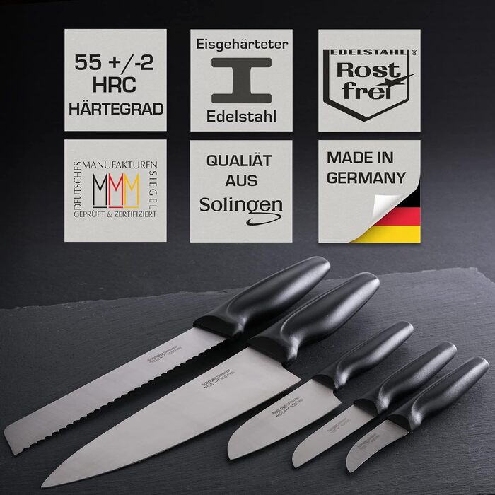 Набір кухонних ножів GEHRING SOLINGEN WAVE 6 предметів - Німецька сталь, нержавіюча, льодова загартована, гострі ножі в блоці