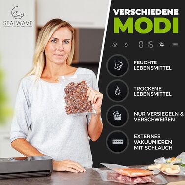 Вакуумний пакувальник SEALWAVE для продуктів харчування: потужний, широкий зварювальний шов, тихий та ефективний, універсальний (для вологих та сухих продуктів), легке очищення, з 10 безкоштовними пакетами