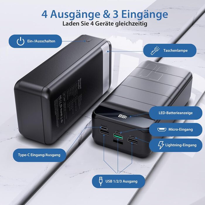 Power Bank PDBEST 50000 mAh з LED дисплеєм, PD 22.5W, QC 4.0, 4 виходи USB-C, ліхтарик, чорний