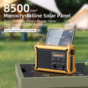 Сонячне радіо з ручним приводом та акумулятором 12000mAh, велика сонячна панель, AM/FM радіо для надзвичайних ситуацій з ліхтариком та світлодіодним читанням, висока якість звуку, зарядний Powerbank, SOS-сигнал для кемпінгу та відпочинку на природі, жовти