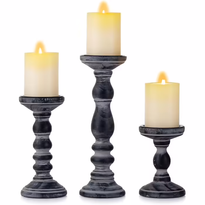 Rustic Wooden Candle Holder Pillar - 3 Piece Wooden Candle Holder Set Pillar Candle Holder Set Distressed White Tealight Holder for Wedding Centerpieces Farmhouse Home Room Decoration (Distressed Black)