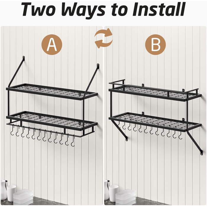 KES Double Kitchen Shelf Pan Holder Kitchen Utensil Holder Kitchen Pan Holder with 12 Hooks Hanging Shelf Pot Wall Shelf 75CM Wall Mounting Matt Black, KUR215S75B-BK