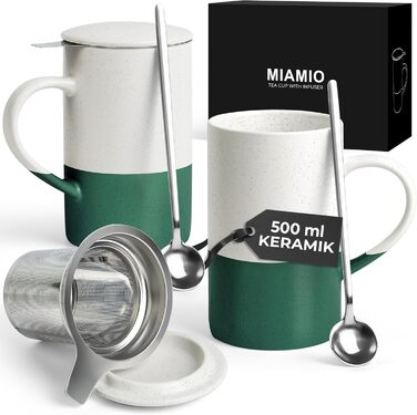 Набір чашок для чаю Miamio 2 шт по 500 мл з кришкою та ситом, керамічні чайники з чайним ситом та ложкою для заварювання листового чаю, подарунок для жінок, безпечні для мікрохвильової печі та посудомийної машини (Темно-зелений)