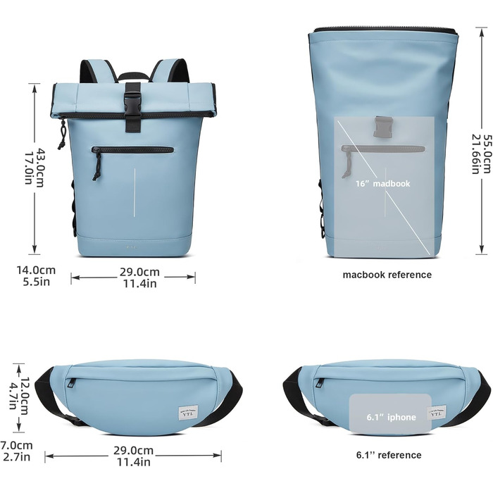 Водонепроникний рюкзак YTL Rolltop з відділенням для ноутбука 17 дюймів, великий рюкзак для жінок та чоловіків, для подорожей, школи, університету, велосипеда (Світло-блакитний)