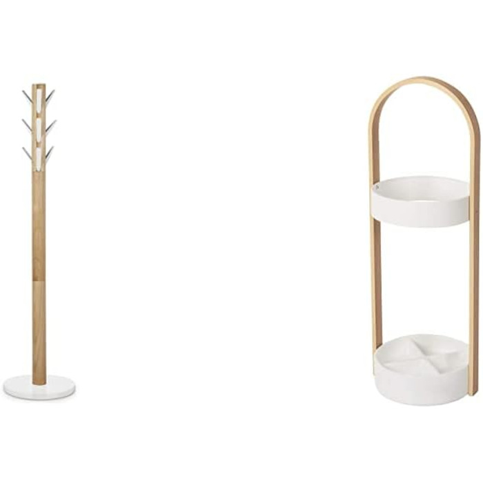 Umbra Flapper Coat Rack – Clothes Rack with 9 Drop-Down Hooks for Entryway and Office, Wood, White, 57.2 x 57.2 x 165.1 cm, White (White/Natural, Bundle with Umbrella Stand)