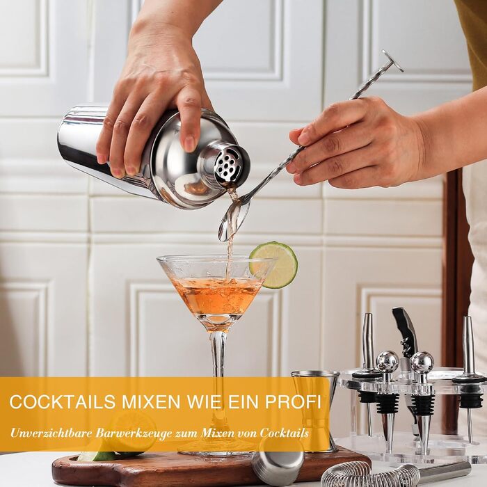 Cocktail Shaker Set, Stainless Steel Cocktail Set with 12-Piece Bar Accessories, 750ml Shaker Bartender Set with Stand, Cocktail Machine Bar Set for Home, Gifts for Men Dad Bartender (Silver)