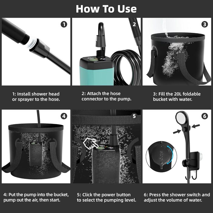 Mytrix 2024 Upgraded Portable Camping Shower Full Set: 6000mAh Rechargeable Power Suction Pump with Smart Display, Multi-Modes Spray Head & 5 Gal Water Foldable Bucket for Outdoor Travel Hiking
