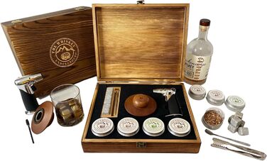 Набір для копчення віскі – Cocktail Smoking Set з підставкою для копчення, пропановою пальником, щипцями, дубовими та волоськими трісками – Преміум дерев'яна коробка – 11.88x9.96x2.9x2.75x2x2.75 см