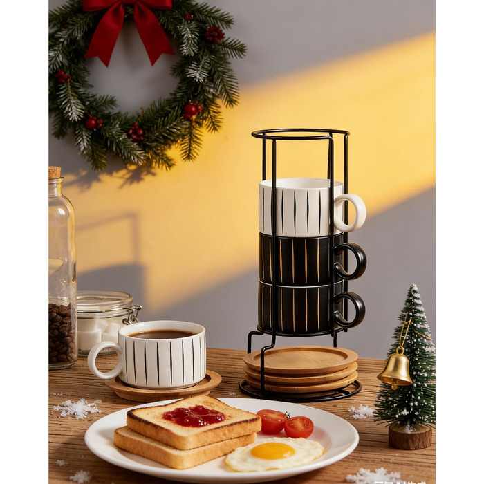 Набір кавових чашок Home Decor Cappuccino - 4 шт по 160 мл з підставками та стійкою - Керамічні чашки для еспресо, капучино, лате - колекція Stripe