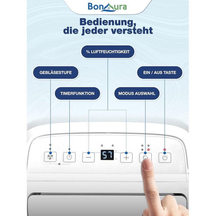Електричний осушувач повітря BonAura® 10L з LED дисплеєм, таймером та авто-режимом - для підвалів та приміщень до 40м³ - допомога від плісняви