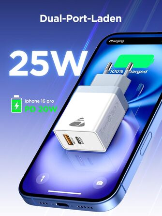 Зарядний пристрій USB C з двома портами, 20W, PD 3.0, Power Adapter з кабелем USB C - USB C 2м, для iPhone, Samsung та інших смартфонів, білий