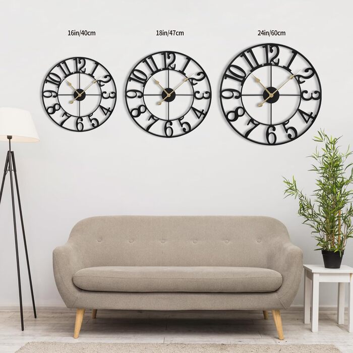 HAITANG Large Vintage Wall Clock, round, metal silent (no ticking), battery-powered, 40cm, 16 inch Roman numerals, clocks for living room, bedroom, kitchen wall clock decoration (Black Arabic numerals, 40 Cm)