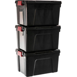 Iris Ohyama Large Plastic Storage Box, 170 l Garage Storage Box, BPA-Free, SIA-1000, Black, Stackable, Clamps – B104 x T50 x H50 cm (60L (Flat Lid) / 3-Piece Set)