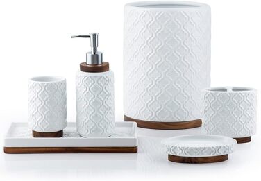 Набір аксесуарів для ванної кімнати RQYIXI, 6 предметів: тримач для зубних щіток, дозатор мила, відро, піднос, чашка, мильниця, кераміка, дерево, теплий білий колір