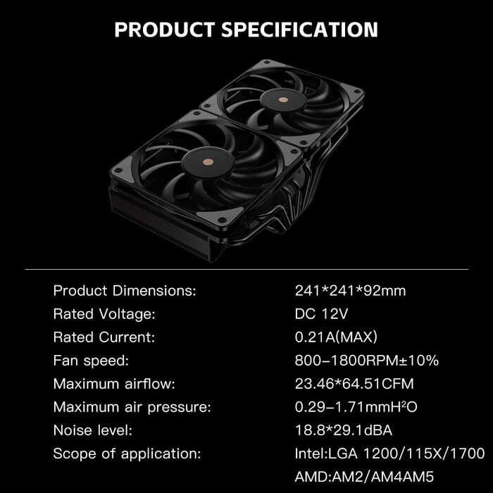 Кулер для CPU TZMRIT KF200 з 2 тепловими трубами, RGB LED, чорний, 9 см, 2200 RPM, для LGA115X/1200/17XX/1366, FM1/FM2/AM2/AM3/AM4/AM5