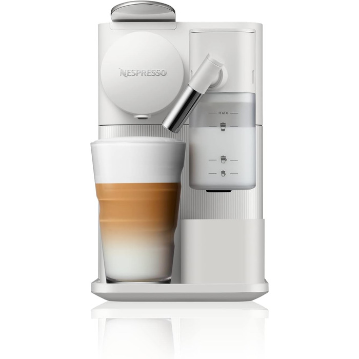 Кавова машина капсульна Nespresso De'Longhi Lattissima One EN510.W з автоматичною системою приготування молока, 3 кнопками вибору напоїв, резервуаром для води 1 л, тиском помпи 19 бар, швидким нагріванням за 25 секунд, автоматичним вимкненням, біла Porcel