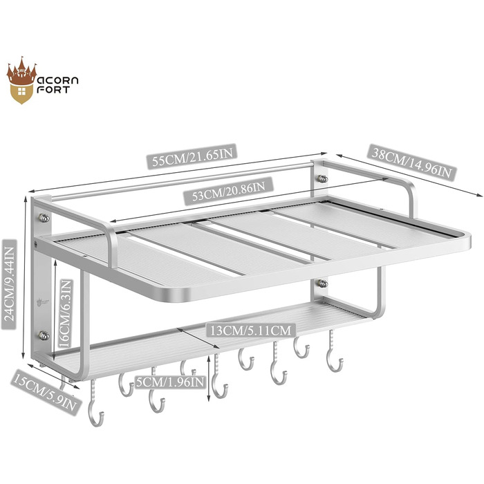 K-101 2-Layer Silver Aluminum Alloy Microwave Rack Oven Stand Kitchen Shelf Holder Wall Mount, Hanging with 10 Hooks