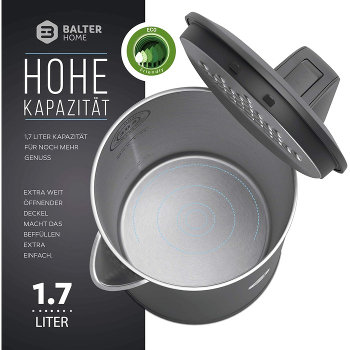 Balter Stainless Steel Kettle WK-4, 1.7 Liter, Electric Kettle, Double-Walled Design, BPA Free, LED, Compact Tea Kettle, Quiet (Black) (Gray)