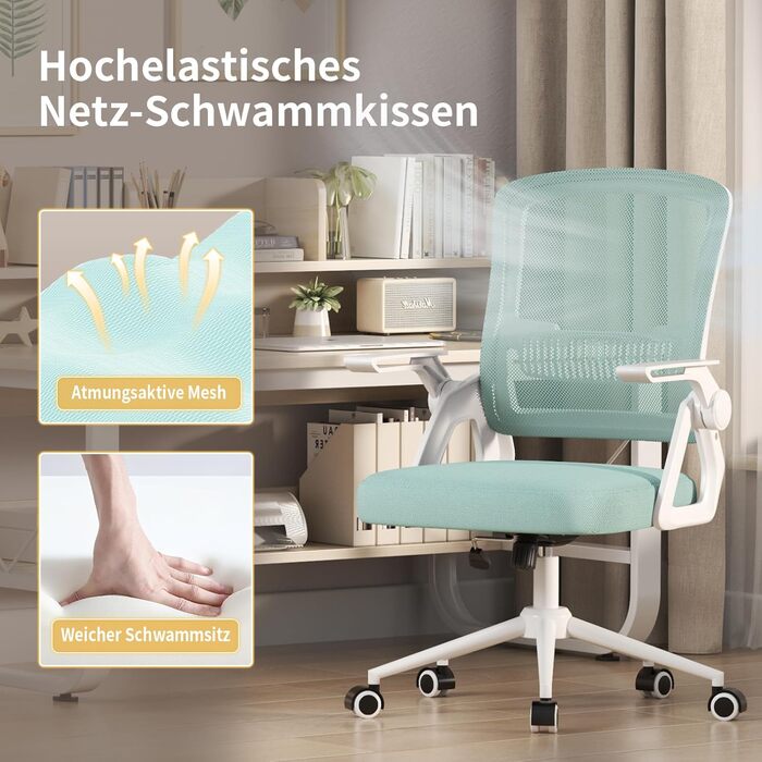 Офісний стіл Naspiro Ergonomischer Bürostuhl, регульований по висоті, з дихаючою спинкою з сітки, відкидні підлокітники на 90° та поперекова підтримка, високощільна піна для дому/офісу (Зелений, без підголівника)